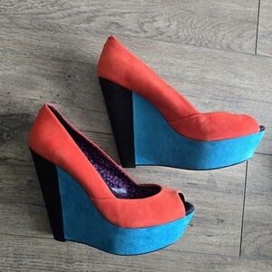 Jessica Simpson Orange and Teal Blue Peep Toe Wedges